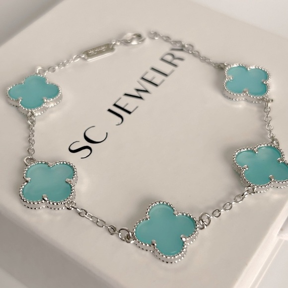 Blue Clover Bracelet Double Sided Silver Color Chain Four Leaf Platinum Plated - Picture 7 of 11